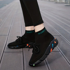 Women's High Top Sock Sneakers Comfy Knit Slip On Lace Up Sports Shoes