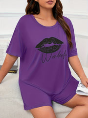 Women's Kiss & Letter Print Tee & Shorts Pajama Set