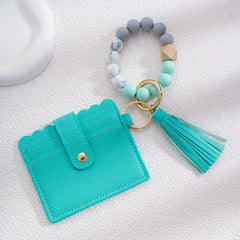 Men's Silicone Bead Bracelet Card Holder with Tassel Keychain