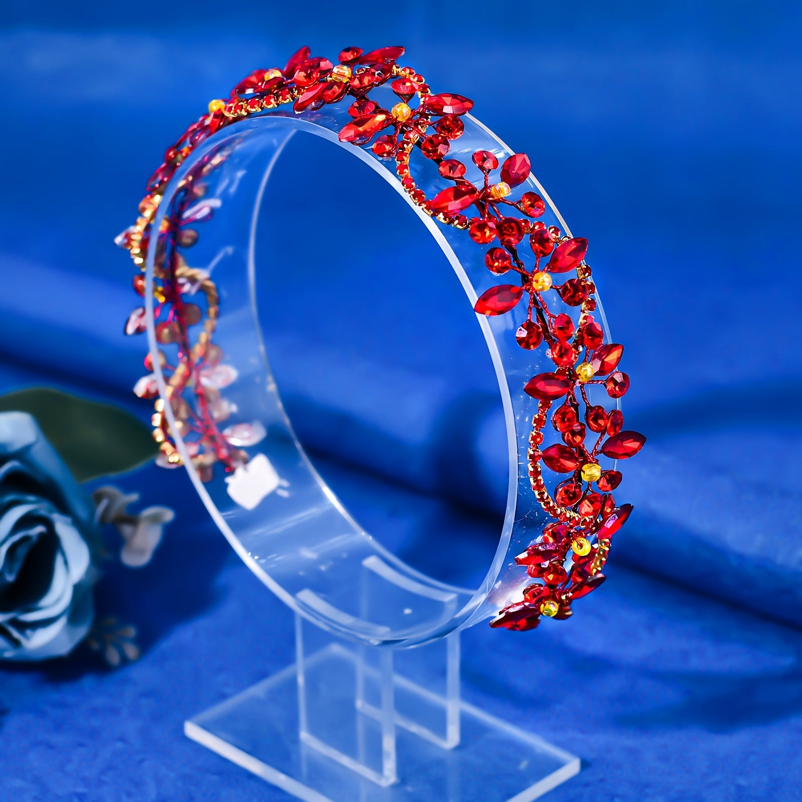Vintage Red Rhinestone Bridal Headband for Women Floral Sparkling Accents