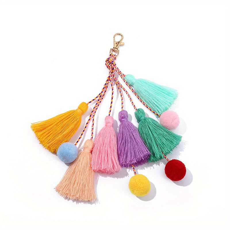 Boho Pom Pom Bag Charm Tassel Keychains Car Key Chain Key Ring Pendant
