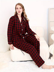 Plaid Print Pajamas Set - Long Sleeve Button Up Shirt & Pants