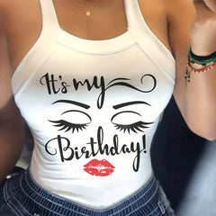 Figure & Letter Print Cami Top Sexy Back Bow Slim Spaghetti Strap Top