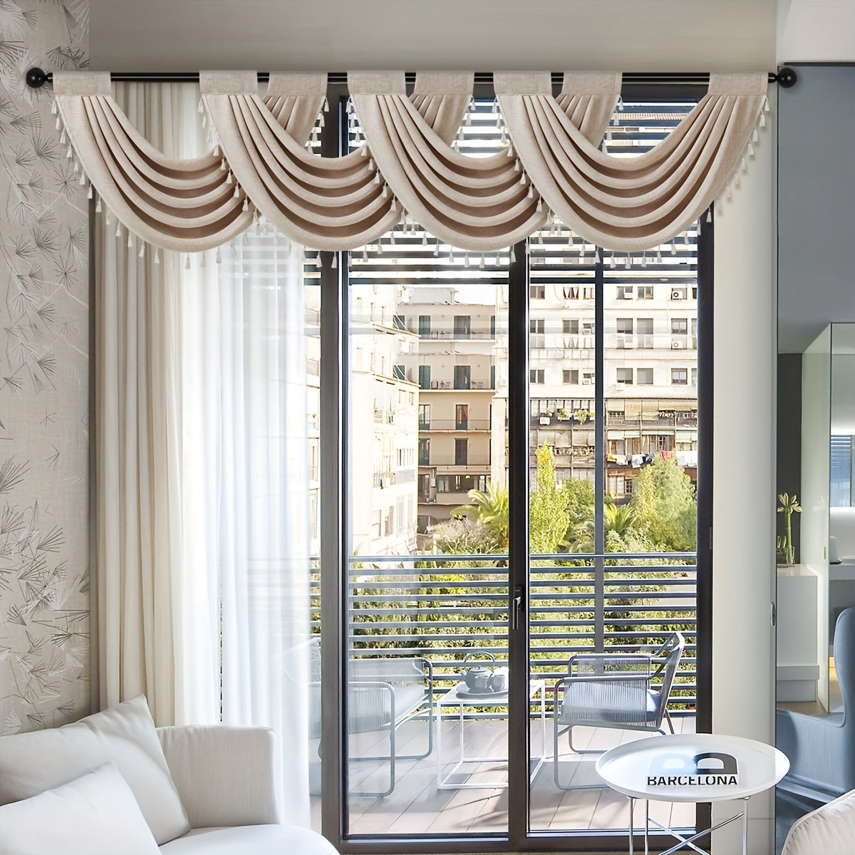 European Style Linen Valance with Fringe Beaded Edge - Rod Pocket Curtain