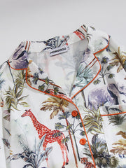 Plant Print Satin Pajama Set Long Sleeve Button Up Top & Elastic Waistband Pants