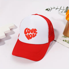 Love You Print Baseball Cap Red Adjustable Trucker Hat Mesh Breathable