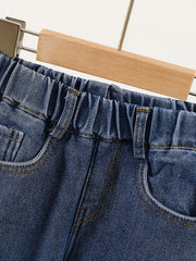 Girls Fleece Jeans Milk Tea Chips Embroidery Elastic Waist Denim Pants