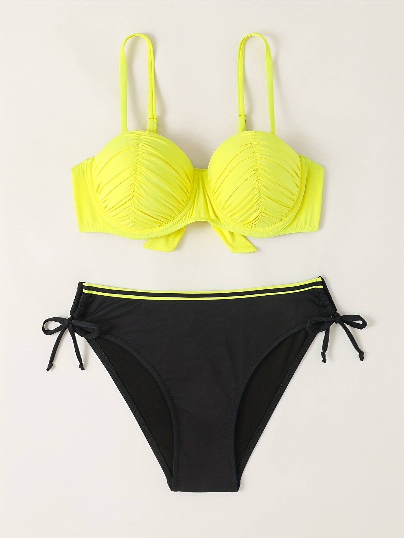 Yellow Ruched Bust Bikini Set Tie Back Contrast Trim Bathing Suit