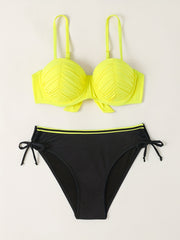 Yellow Ruched Bust Bikini Set Tie Back Contrast Trim Bathing Suit