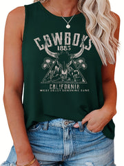 Women's Tank Top Letter & Cow Print Round Neck Western Style