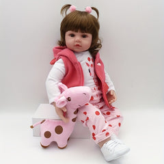 19" 48cm Soft Vinyl Reborn Doll Baby Girl Hairwig Pink Clothes Plush Giraffe Toy