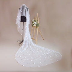 Romantic Floral Bridal Veil with Comb Double Layer Long Train