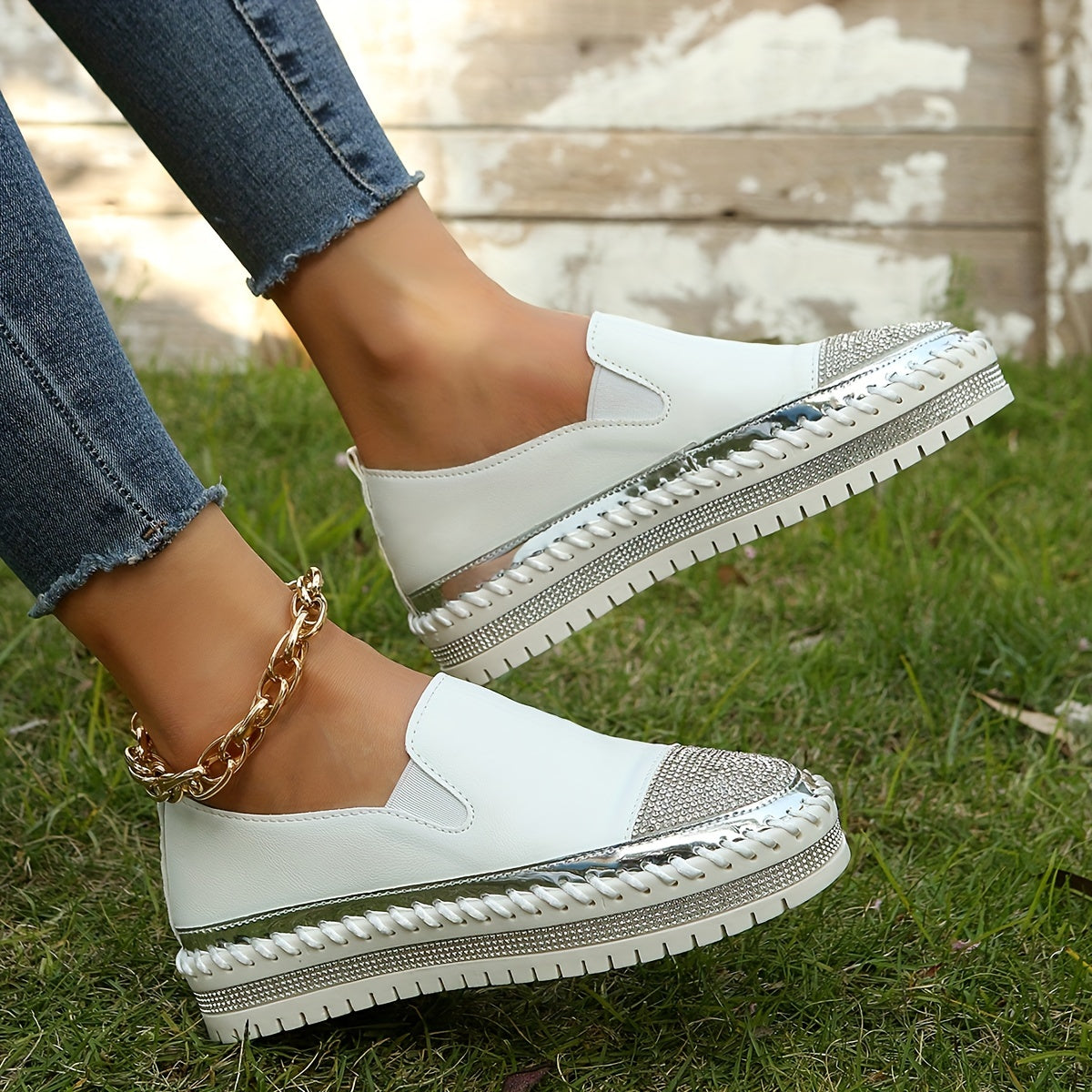 Women's Glitter Platform Loafers Rhinestone Slip On Shoes