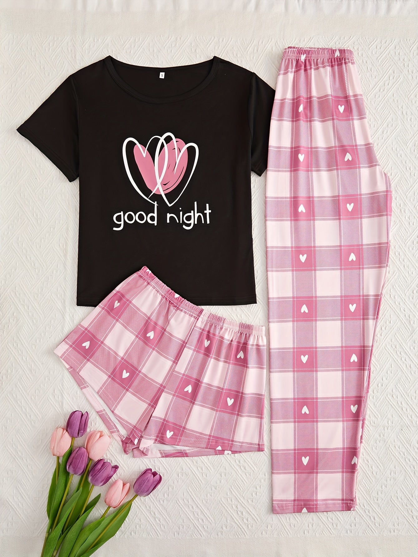 Heart Print Pajama Set Crew Neck Top & Shorts & Plaid Pants