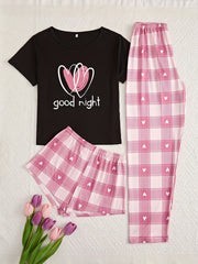 Heart Print Pajama Set Crew Neck Top & Shorts & Plaid Pants