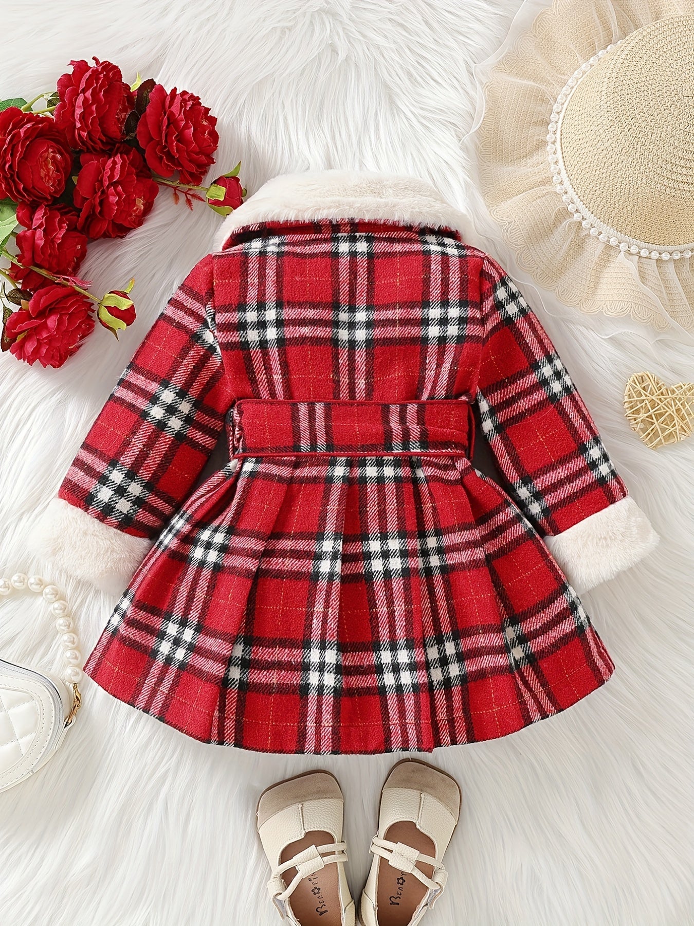 Baby Girls Christmas Plaid Furry Hooded Coat