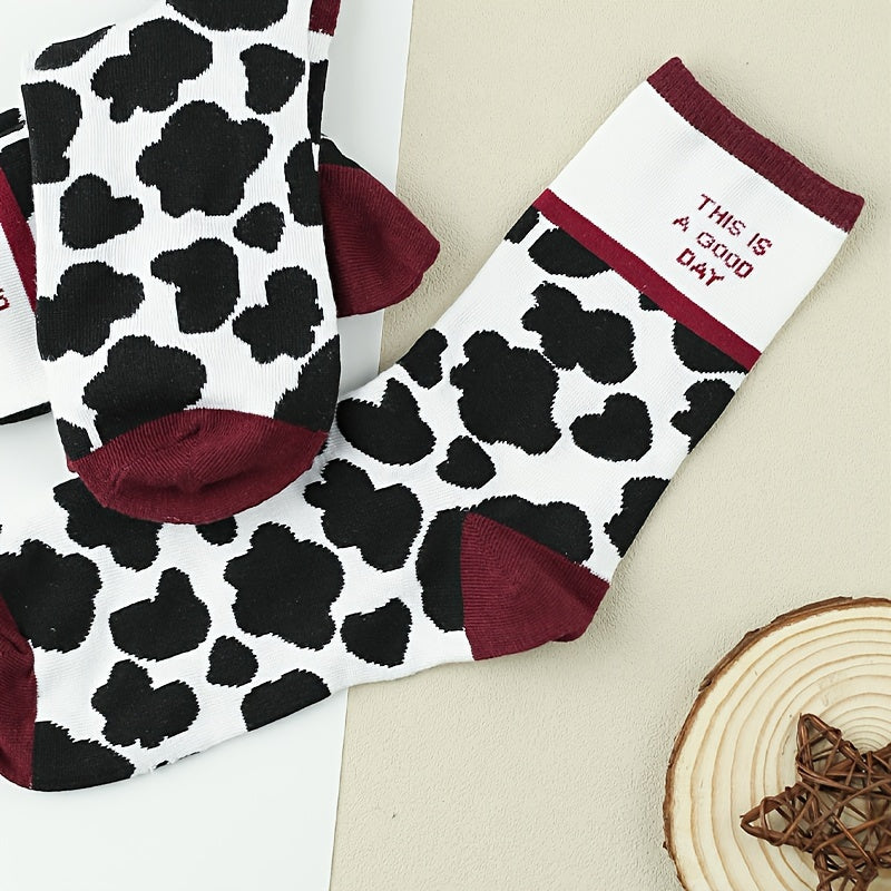 3 Pairs Cow Spot Print Socks Comfy & Breathable Mid Tube Socks Women's Stockings