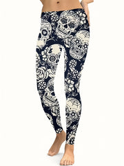 Skull & Floral Print Fitness Leggings