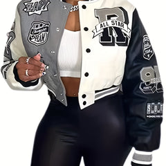Button Front Varsity Jacket Casual Long Sleeve Baseball Neck Outerwear