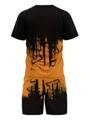 Men's Block Pattern Print 2-Piece Outfit Short Sleeve T-Shirt and Shorts Set