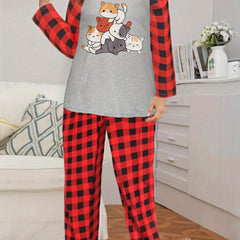 Cat Print Raglan Sleeve Top & Plaid Pants Lounge Set