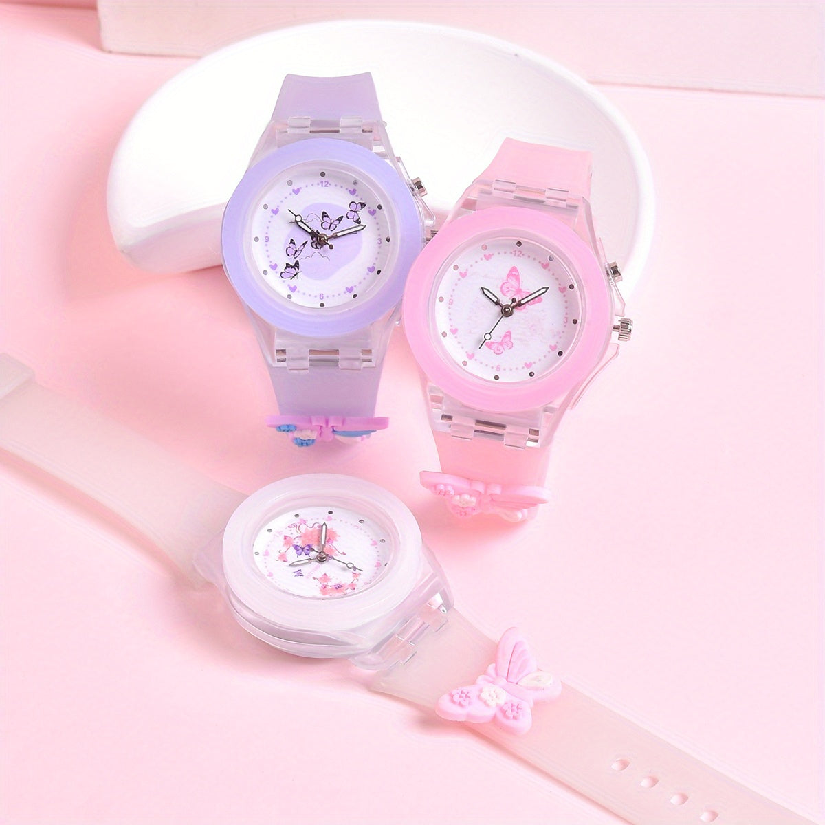 3pcs Girls Butterfly & Animal Print Watches with Glow in the Dark Dials