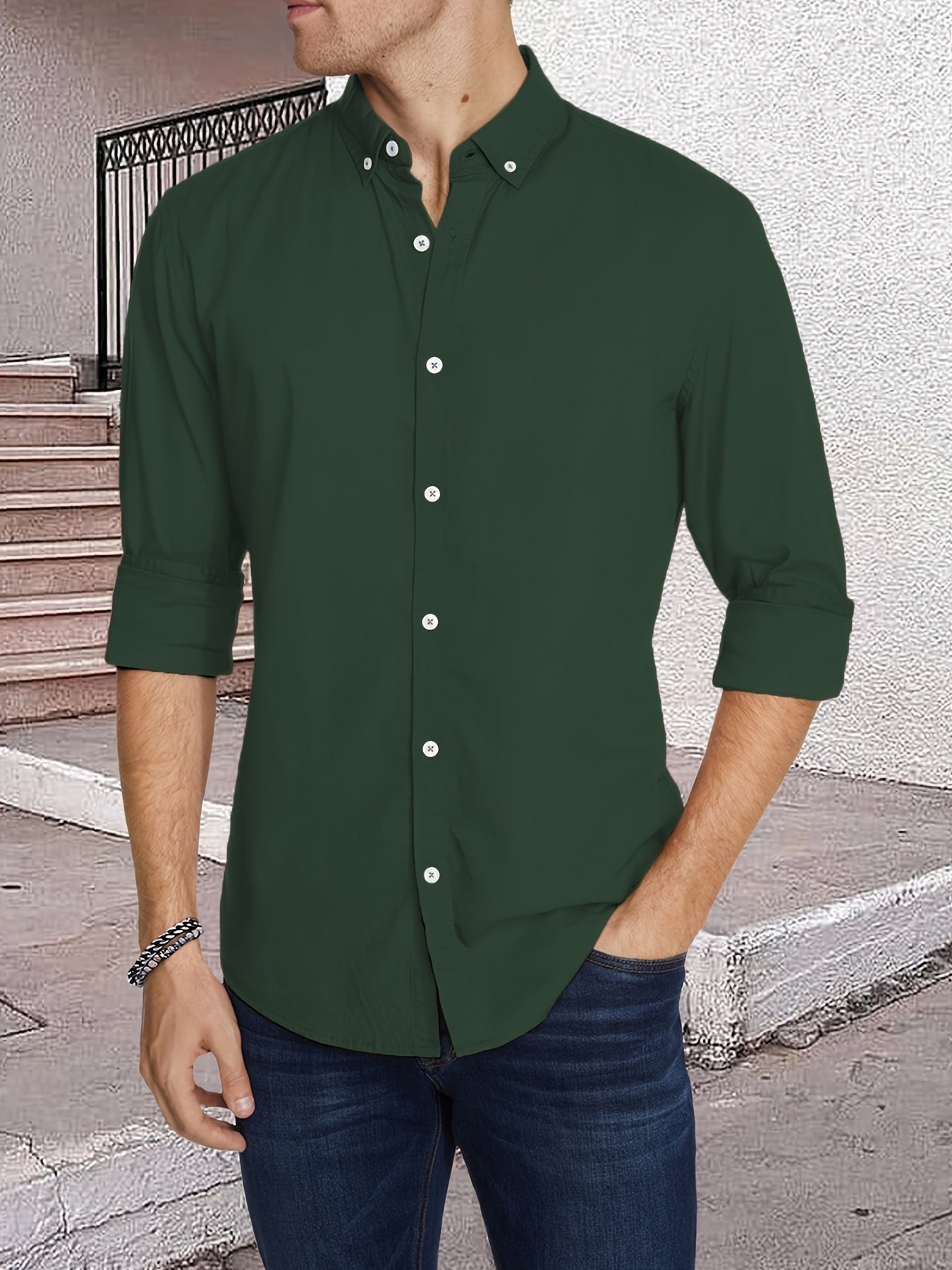 Men's Slim Solid Long-sleeve Shirt With Button Up