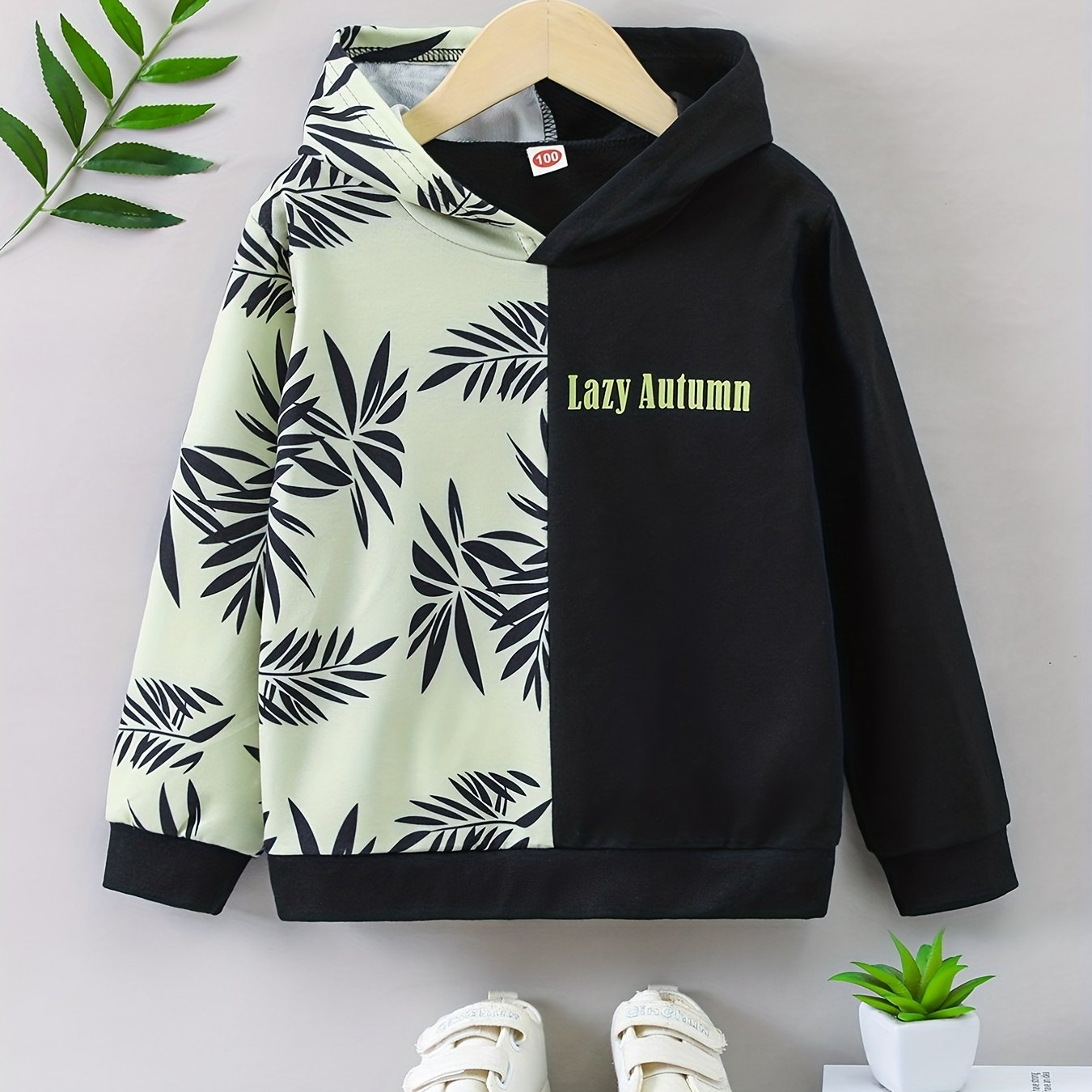 Boy's Plant Print Hoodie Long Sleeve Clash Casual Top