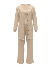 3 Piece Casual Outfit Set: Ribbed Cardigan, Tank Top & Pants