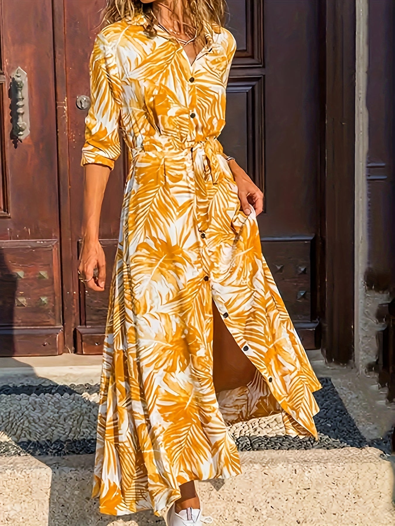 Leaf Print Button Up Maxi Dress