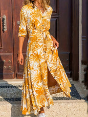 Leaf Print Button Up Maxi Dress