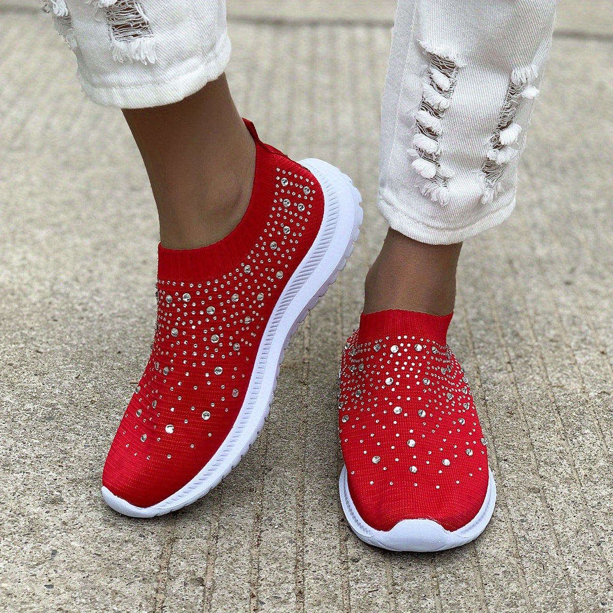 Women's Rhinestone Sock Shoes Low Top Slip On Flat Casual Walking Shoes