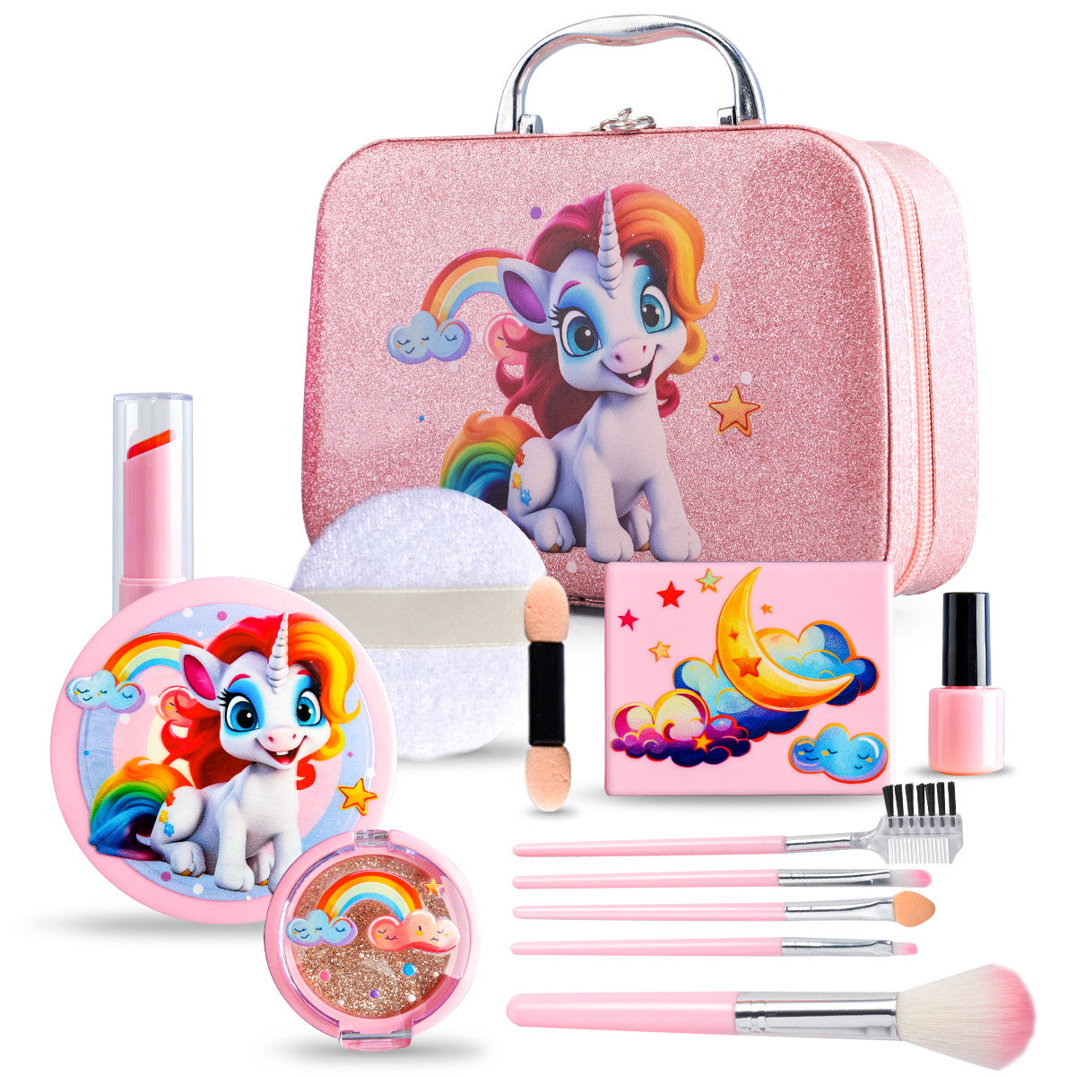 Kids Pink Unicorn Makeup Kit with Case Plastic Role Play Cosmetic Set for Girls