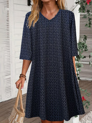 Allover Print V Neck Loose Fit Dress