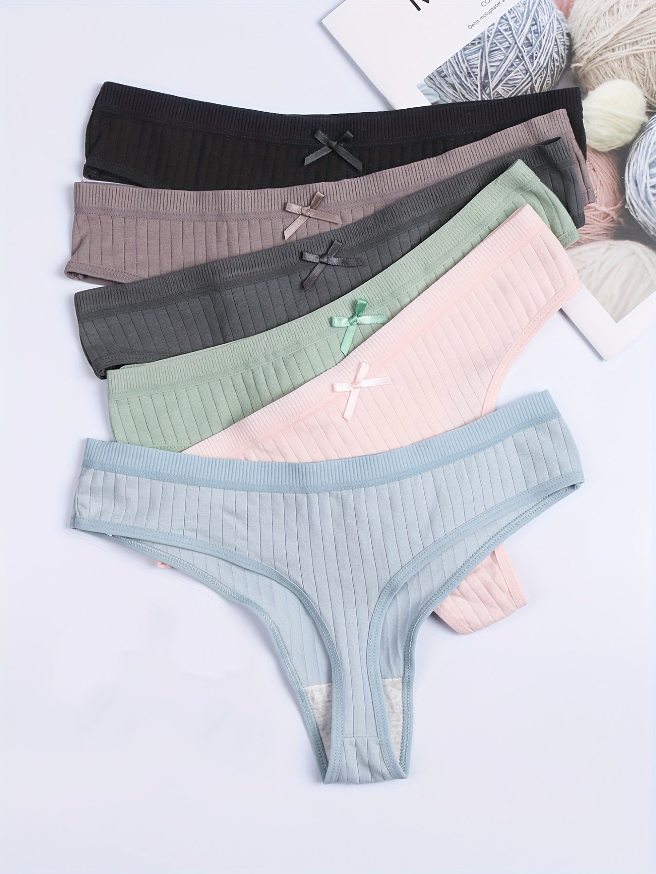 6 Pack Plus Size Ribbed Solid Thongs Women's Plus Medium Stretch Thongs