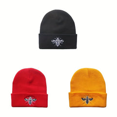 Bee Embroidery Knit Hat for Cycling, Warm Beanie for Sports