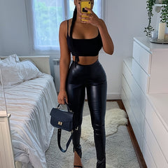 Women's Solid PU Pants High Waist Stretchy Pants