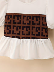 Girl's Geometric Pattern 2pcs Puff Sleeve Shirt & Flared Pants Set