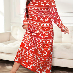 Christmas Lounge Dress Elk & Heart Stripe Print Long Sleeve Te