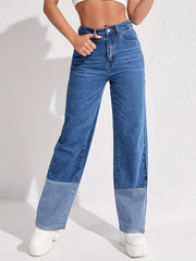 Colorblock Slash Pockets High Waist Baggy Denim Pants