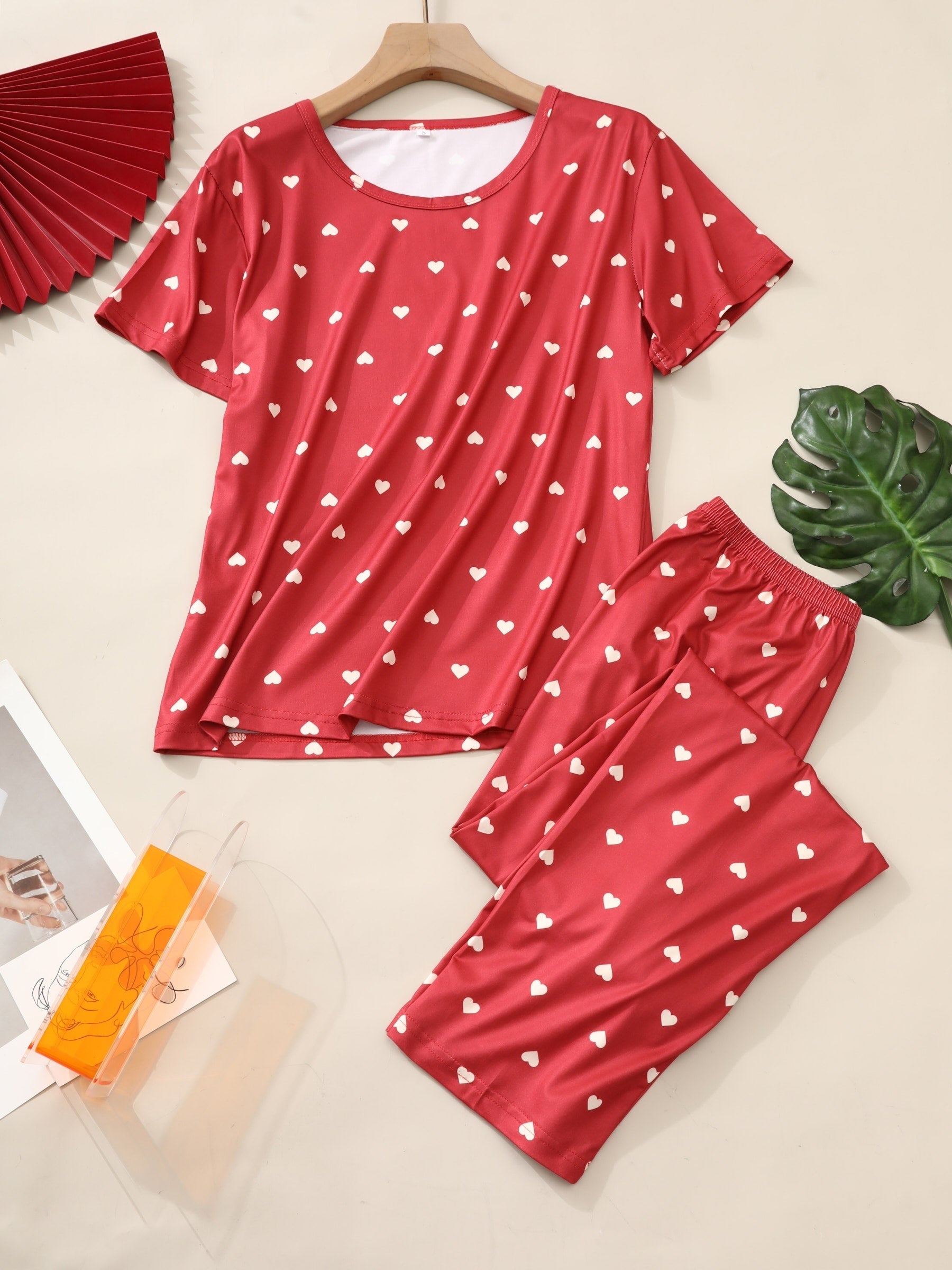 Heart Print Pajama Set Short Sleeve Top & Lounge Pants