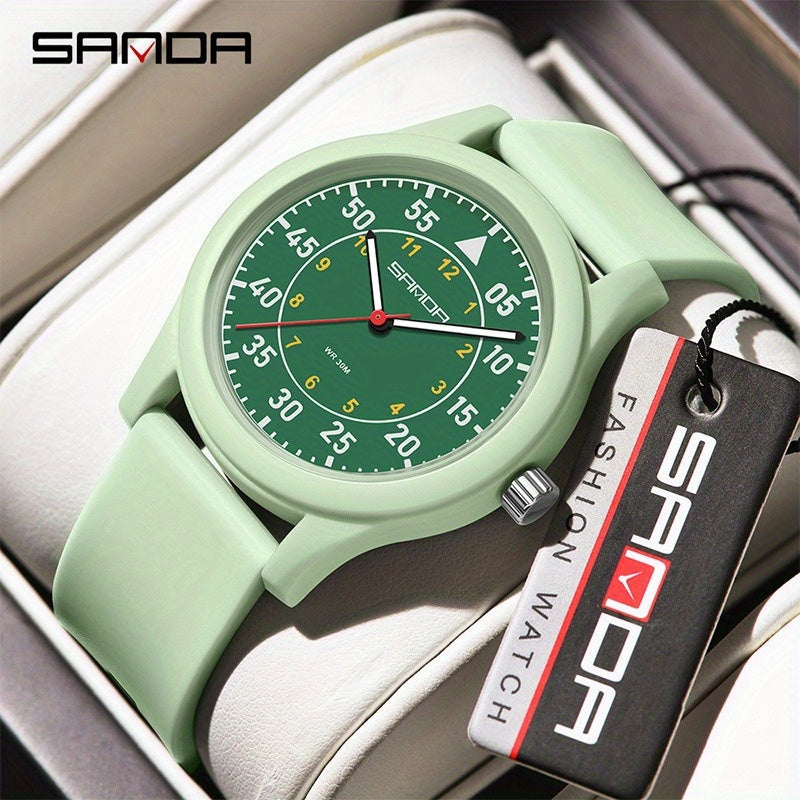 Sanda Unisex Quartz Watch Green Dial Red Hands Stainless Steel Case