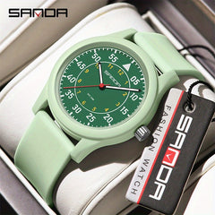 Sanda Unisex Quartz Watch Green Dial Red Hands Stainless Steel Case
