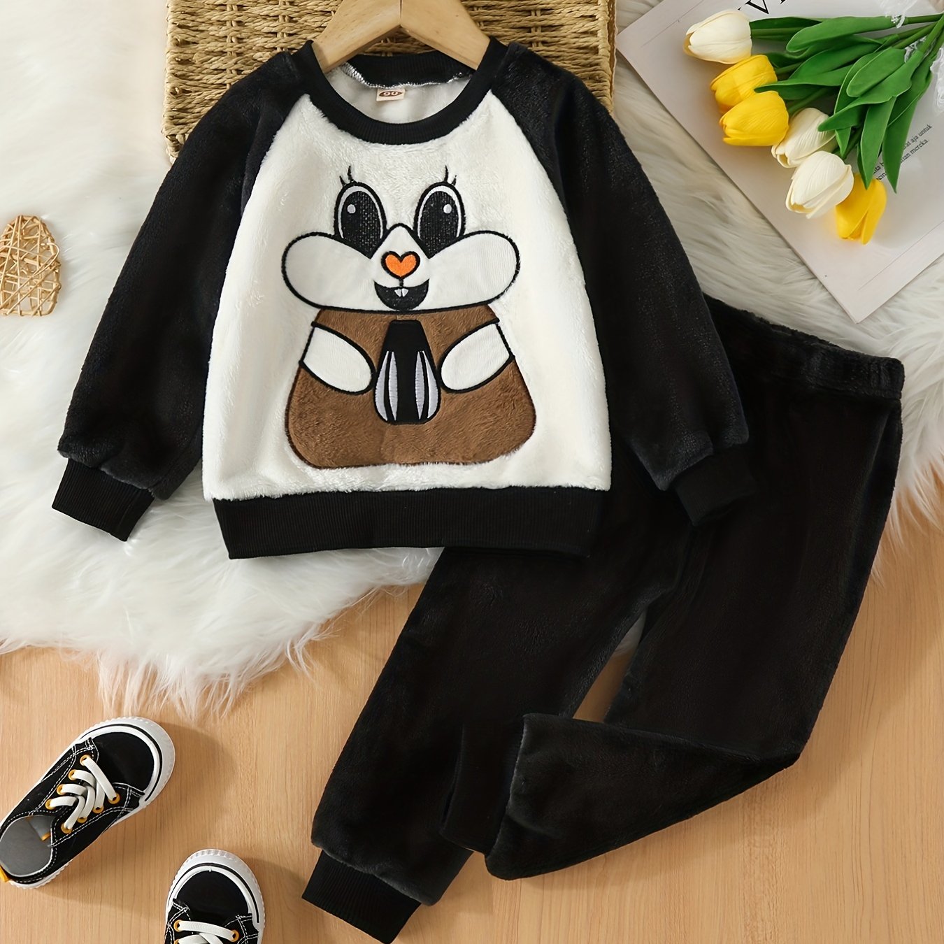 Girls Bunny Rabbit Fleece Pajamas Set Long Sleeve Top Matching Pants