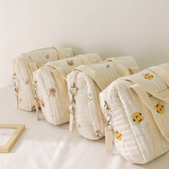 Beige Diaper Bag Cotton Fabric Zipper Large Travel Stroller Organizer
