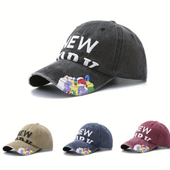 Vintage Washed Cotton Baseball Cap YORK Embroidery Flower Print Dad Hats