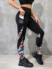 High Waist Letter Print Leggings with Mesh Pockets