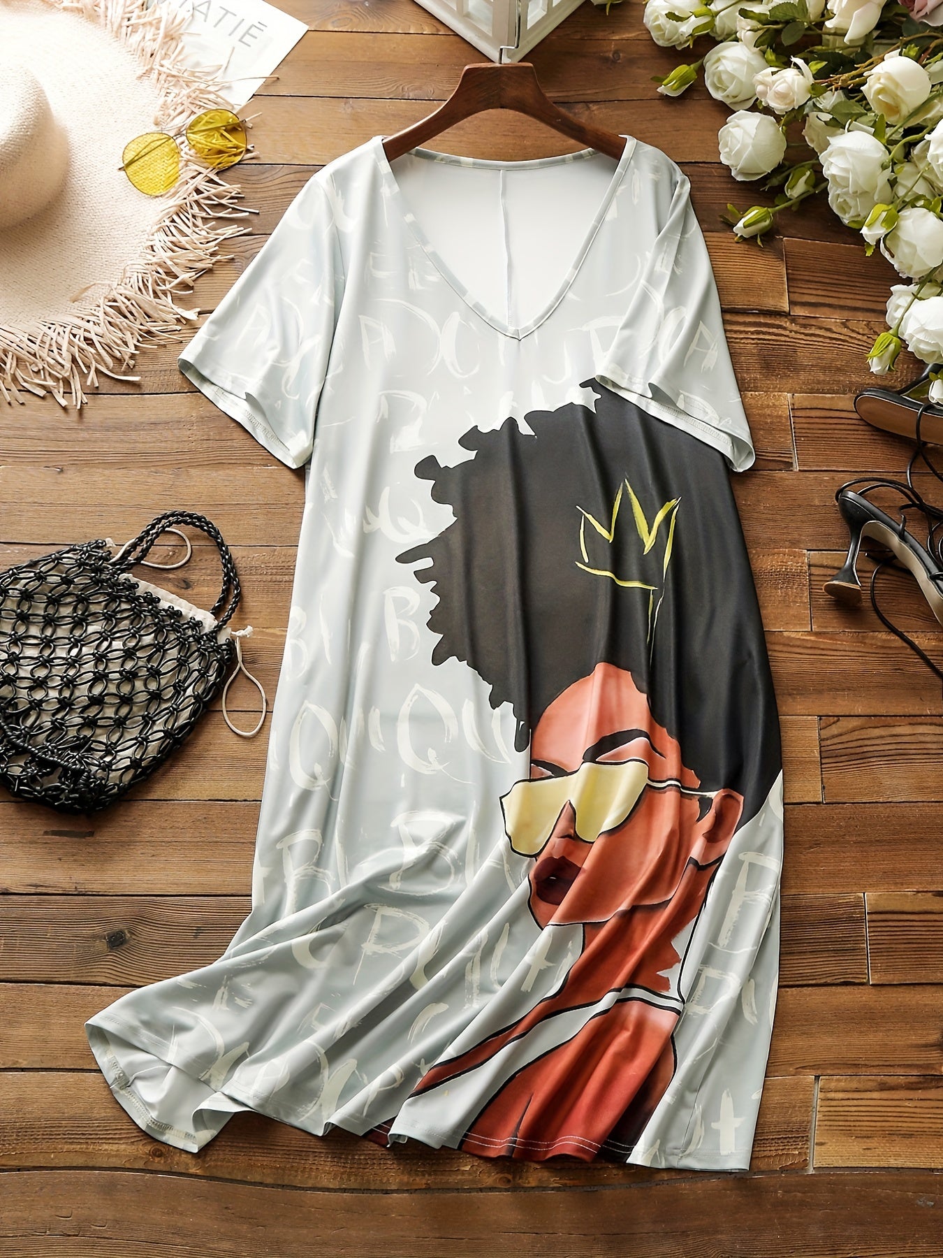 Plus Size V-Neck Letter Print Casual Dress with Pockets