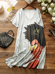 Plus Size V-Neck Letter Print Casual Dress with Pockets