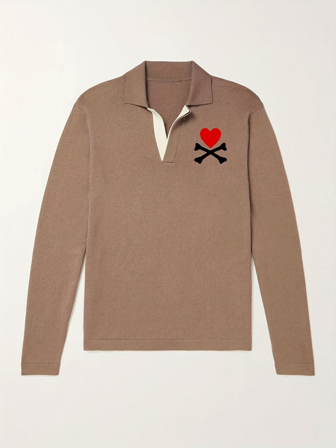 Heart Pattern Knit Polo Shirt Men's Casual Lapel Stretch V Neck Pullover
